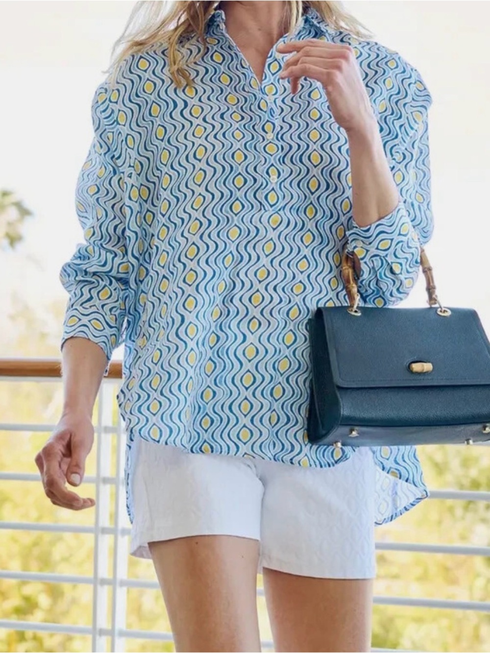 J. McLaughlin Fallon Blouse Tunic 100% Linen Women's Size Medium Blue Yellow
